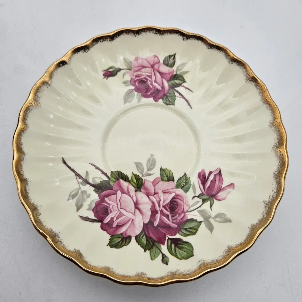 VTG EB Foley Pink Cabbage Rose Gold Trim Black Exterior Teacup and Saucer RARE